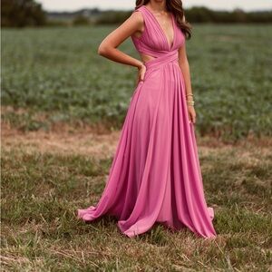 Elegant Pink V-Neck Cutout Maxi Dress